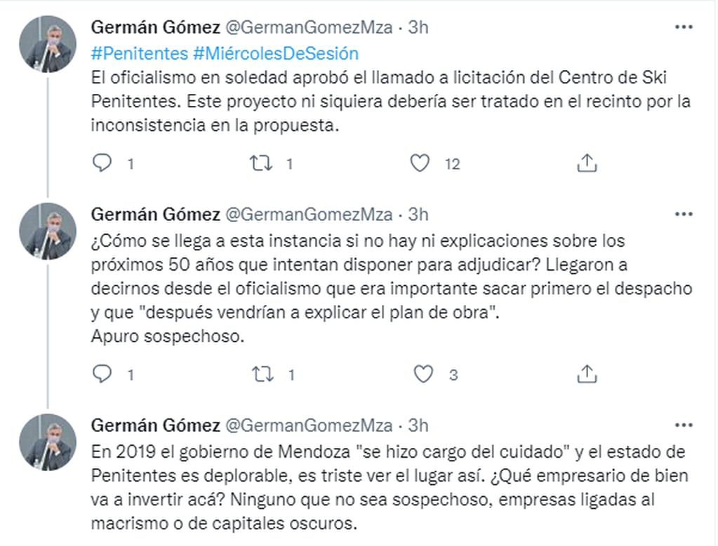 El diputado Germán Gómez (PJ) puso en duda la licitación de Penitentes.