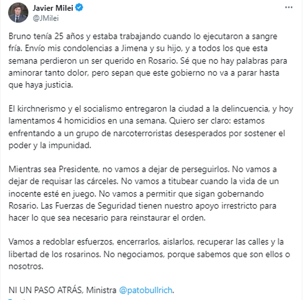 El extenso mensaje de Javier Milei en X tras el asesinato del playero en Rosario. Gentileza: Captura X @JMilei.
