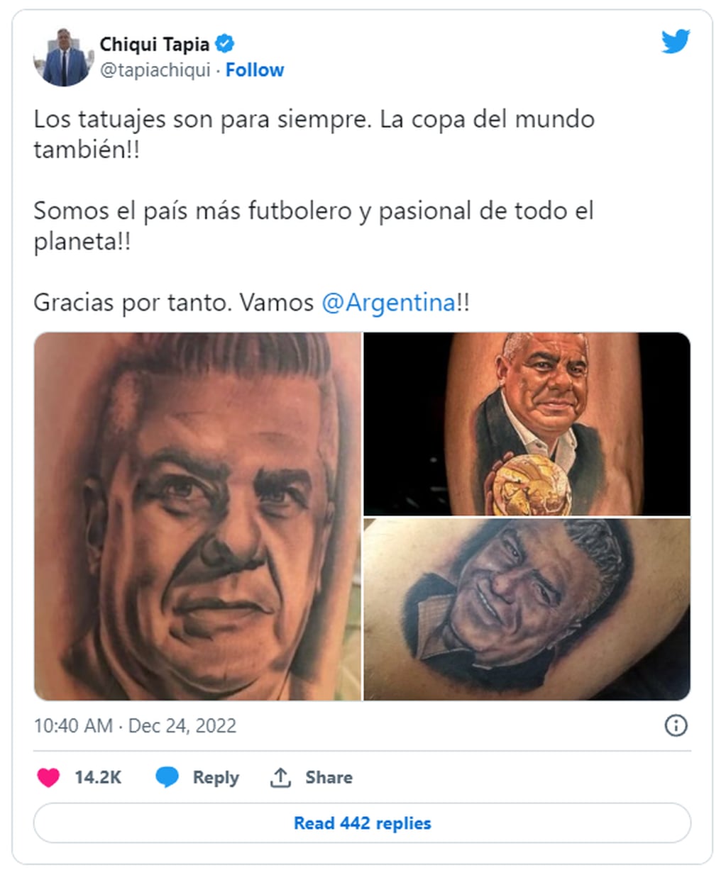 Chiqui Tapia enaltació los tatuajes con su rostro al compararlos con la Copa del Mundo. Foto: Twitter/@tapiachiqui