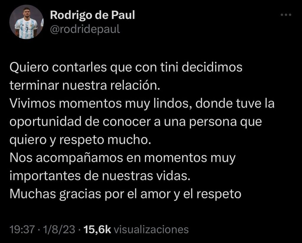 El posteo de Rodrigo de Paul para anunciar la separación.