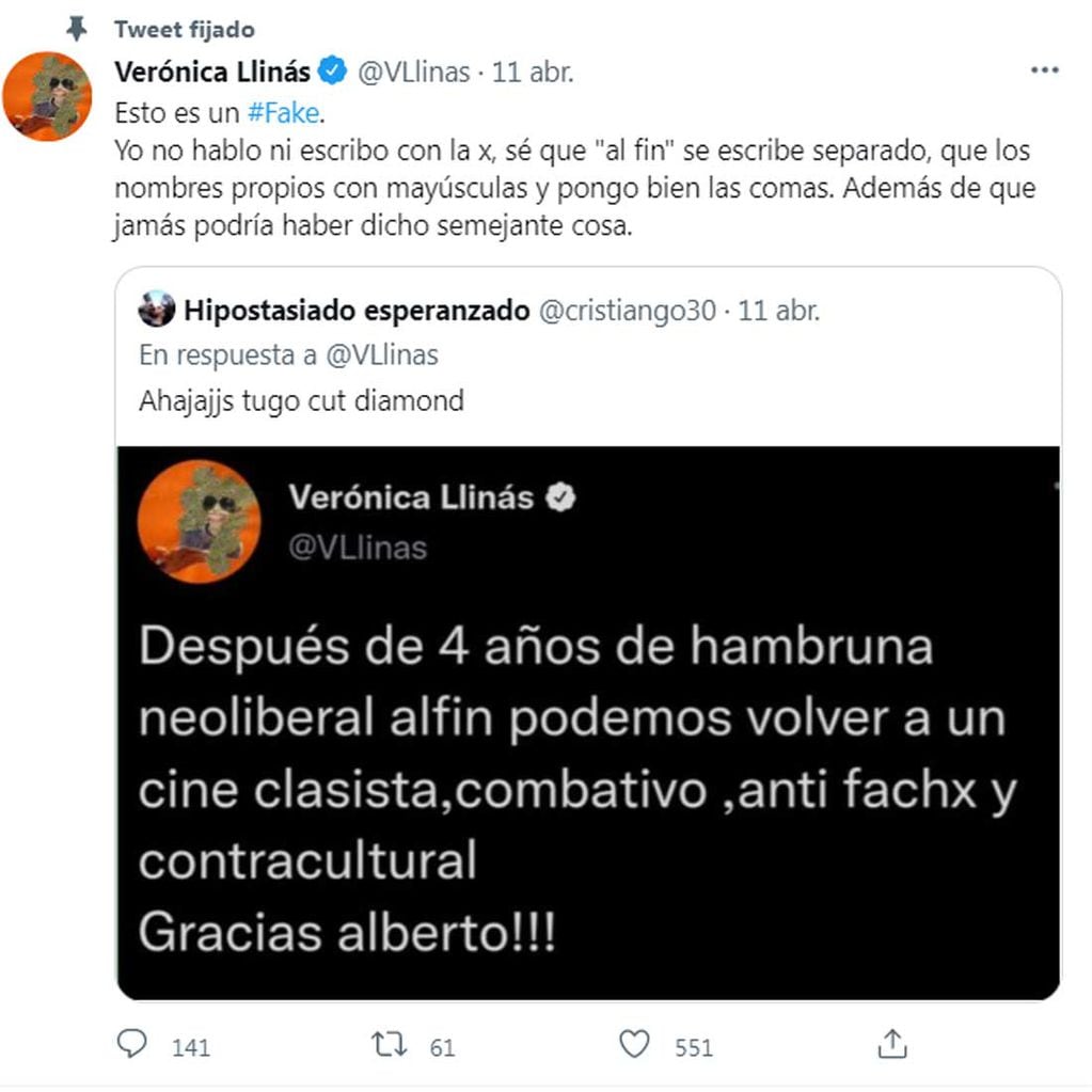 Verónica Llinás desmintió el tuit que le atribuyeron