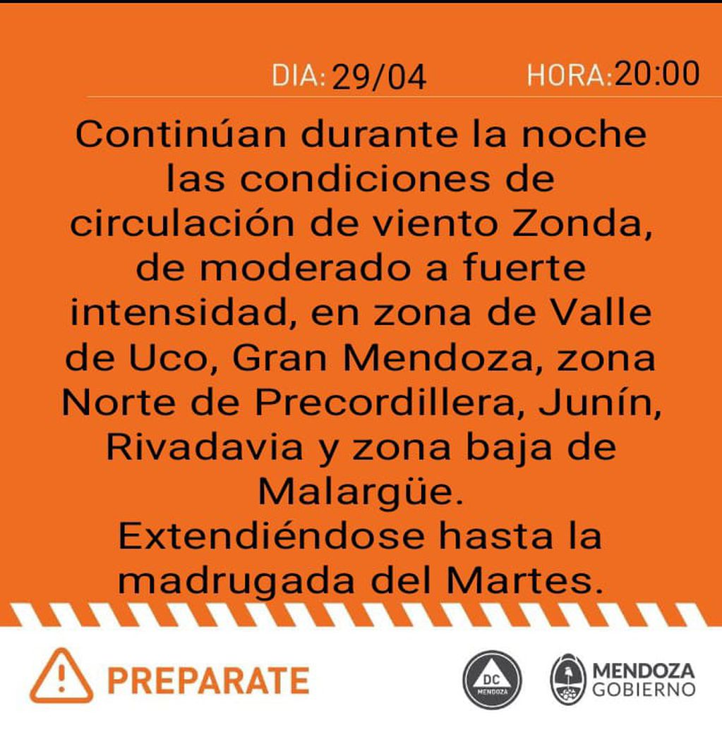 Alerta naranja por Zonda: Valle de Uco, el Gran Mendoza, zona Norte de Precordillera, Junín, Rivadavia y zona baja de Malargüe. (Defensa Civil)