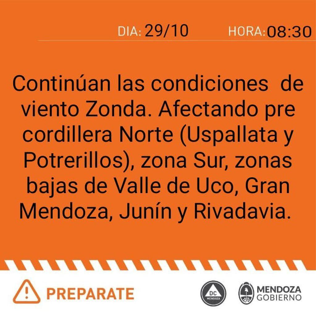 Defensa Civil emitió un alerta para distintas partes de Mendoza este domingo por el viento Zonda.