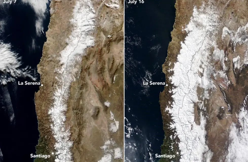 La NASA compartió imágenes satelitales del antes y después de la Cordillera tras la intensa nevada.