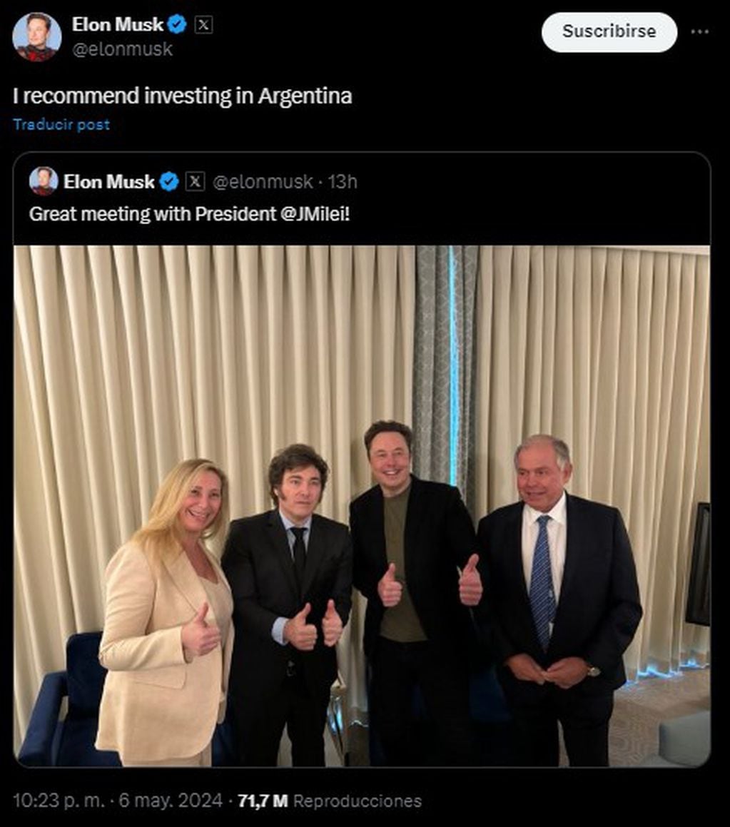 Elon Musk en su red social: "Recomiendo invertir en Argentina". Foto: captura.