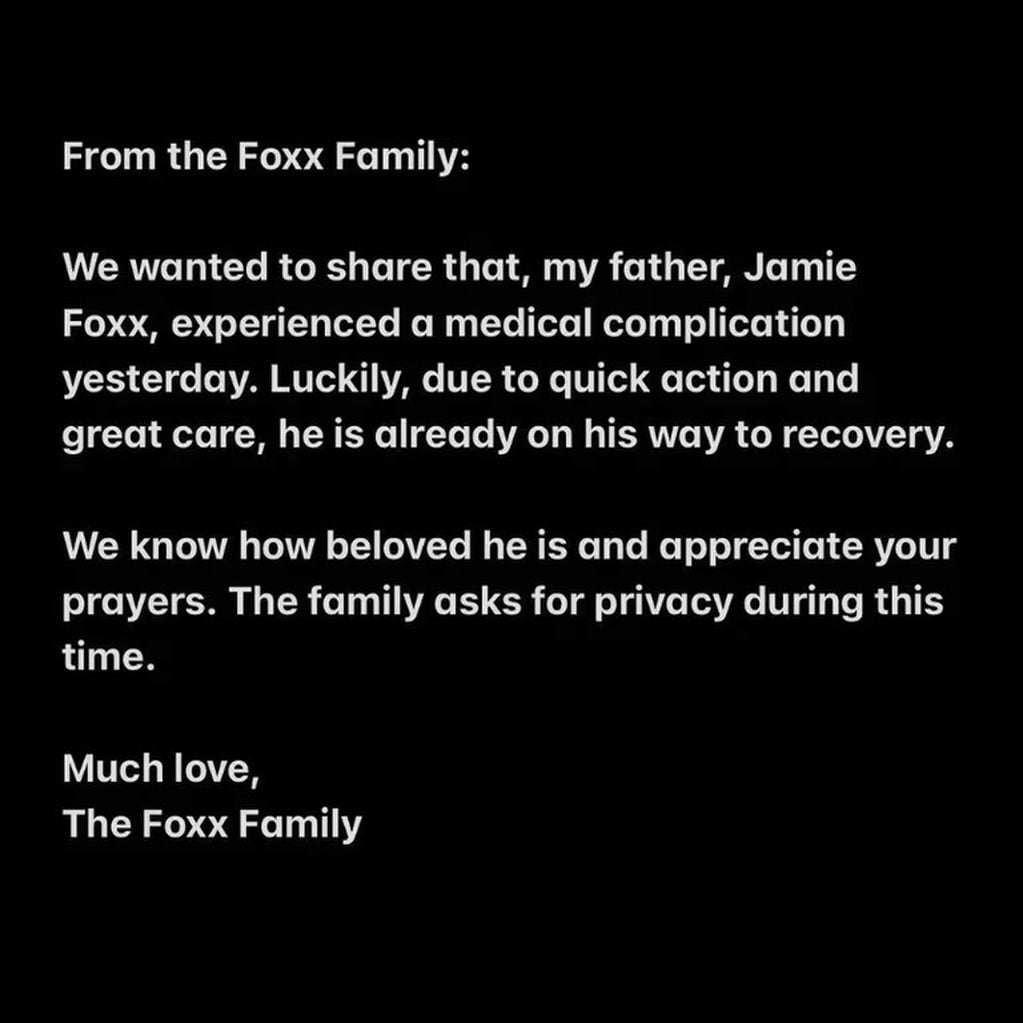 El comunicado de la familia Foxx tras la internación de Jamie (Instagram)